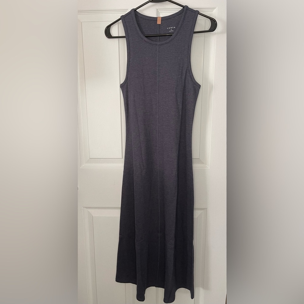 💃 LUNYA Restore Fitted Dress Sleeveless Blue Charcoal Size M New in Bag